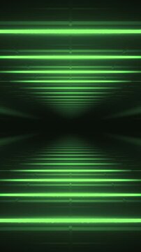 Abstract green futuristic background. Space from glowing neon light tubes of astera on black background. Technology, VJ concept. Tunnel interior view from a triangle. Led lamp. 3d loop animation
