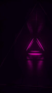 Abstract pink futuristic background. Space from glowing neon light tubes of astera on black background. Technology, VJ concept. Tunnel interior view from a triangle. Led lamp. 3d loop animation of 4K