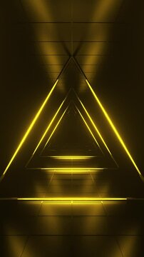Abstract orange futuristic background. Space from glowing neon light triangle tubes of astera on black background. Technology, VJ concept. Led lamp. Horizontal view. Seamless loop 3d animation of 4K