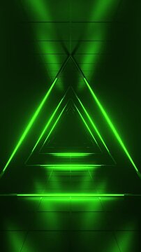 Abstract green futuristic background. Space from glowing neon light tubes of astera on black background. Technology, VJ concept. Tunnel interior view from a triangle. Led lamp. 3d loop animation