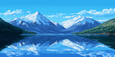 Stunning painting of majestic snow-capped mountains reflecting in serene waters, with a clear blue sky