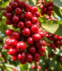 Ripe red coffee cherries clustered on a branch, sunlight dappled leaves, ripe, tropical, beverage