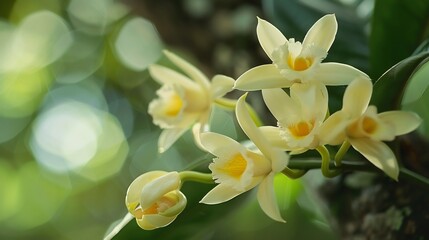 Vanilla Orchid Future of Natural Vanilla Show Vanilla Orchid Vanilla planifolia winding vine around tropical tree creamy white flower blooming under careful cultivation while farmer use sustainable