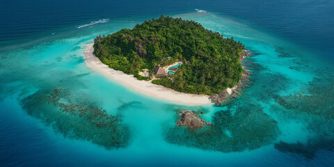 Fototapeta premium Aerial view of an island in the Indian Ocean with white sandy beaches, turquoise waters, and lush greenery