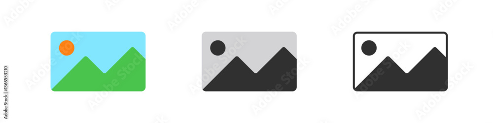 Poster ai icon set showcasing mountains and sun in three distinctive color variations and simplicity.