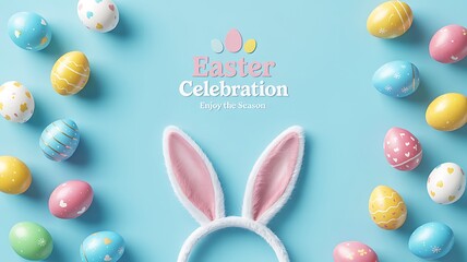 Easter Party Concept with Bunny Ears Colorful Easter Eggs Delicate Spring Flowers on a Pastel Blue Background with Copy Space for Festive Designs Greeting Cards and Holiday Invitations. Easter Holiday
