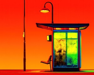 Vivid bus stop in vibrant sunset