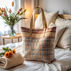 A tote bag resting on a cozy bedspread for a homey atmosphere.