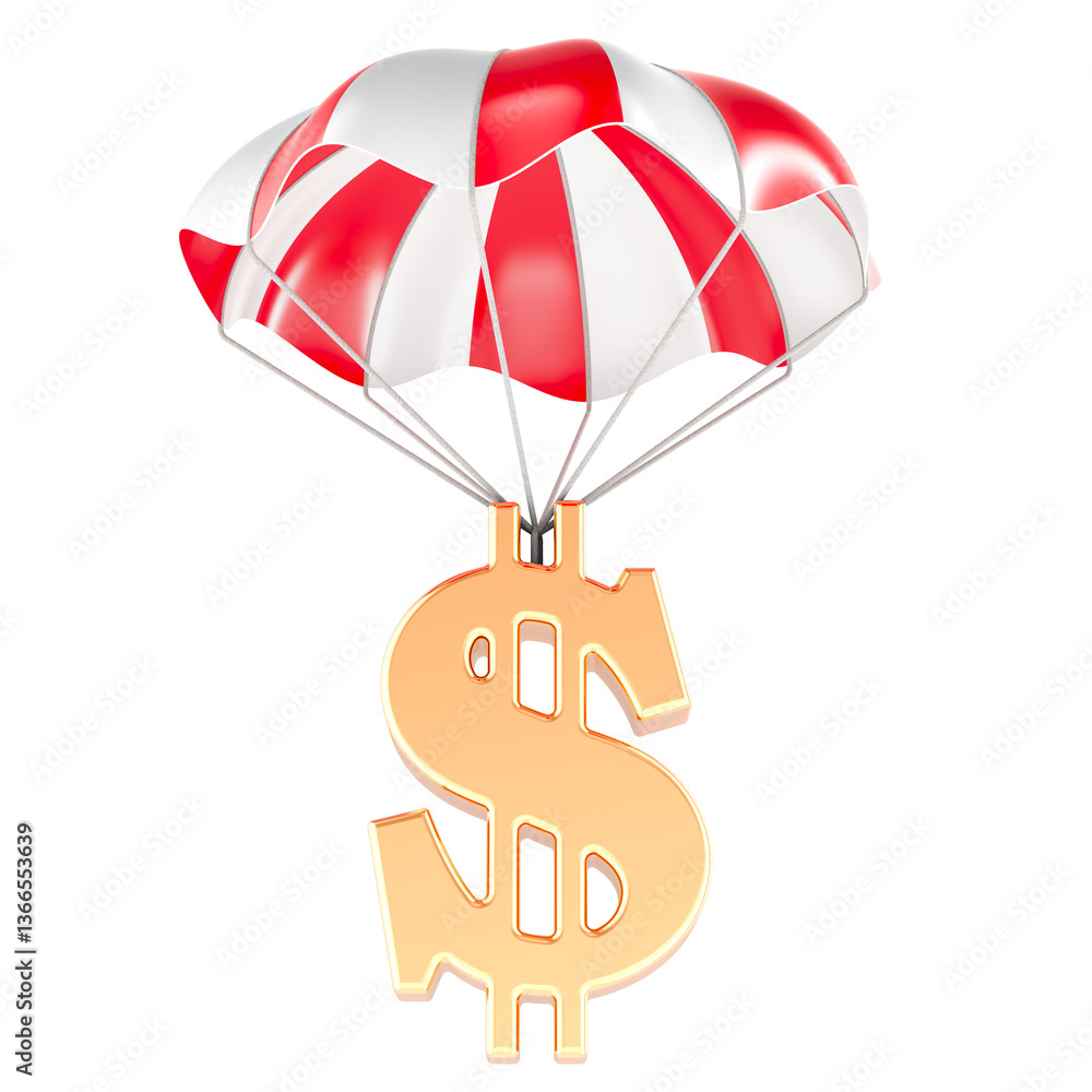 Poster parachute with dollar symbol. 3d rendering isolated on transparent background