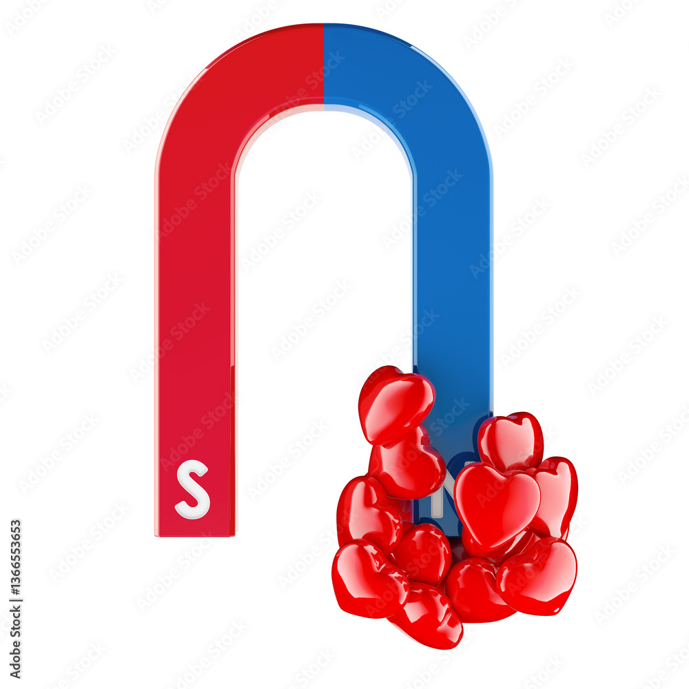Poster magnet attracts red hearts. 3d rendering isolated on transparent background