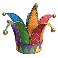 Vibrant multicolored jester hat adorned with bells, isolated on white background.