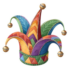 Vibrant multicolored jester hat adorned with bells, isolated on white background.
