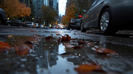 Autumn city street after rain. Puddles reflecting buildings and cars. Fallen leaves on wet asphalt