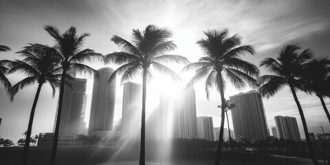 Black and white view of tall skyscrapers and palm trees with foggy morning sun rays