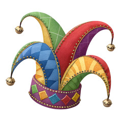 Vibrant multicolored jester hat adorned with bells, isolated on white background.