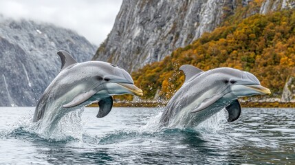 Obraz premium Majestic dolphins leap in a fjord