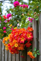 Fototapeta premium Vibrant garden blooms spilling over weathered wood fence, floral background, greenery