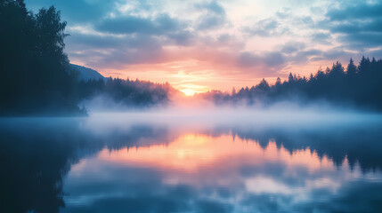 Enchanting fog blanketing a tranquil lake at sunrise, tranquil, lake. Enchanted Fog. Illustration