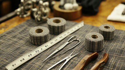 Tailoring tools including a measuring tape, scissors, and a pin cushion neatly arranged.
