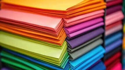 Textile samples in vibrant colors stacked elegantly on a designer's desk.