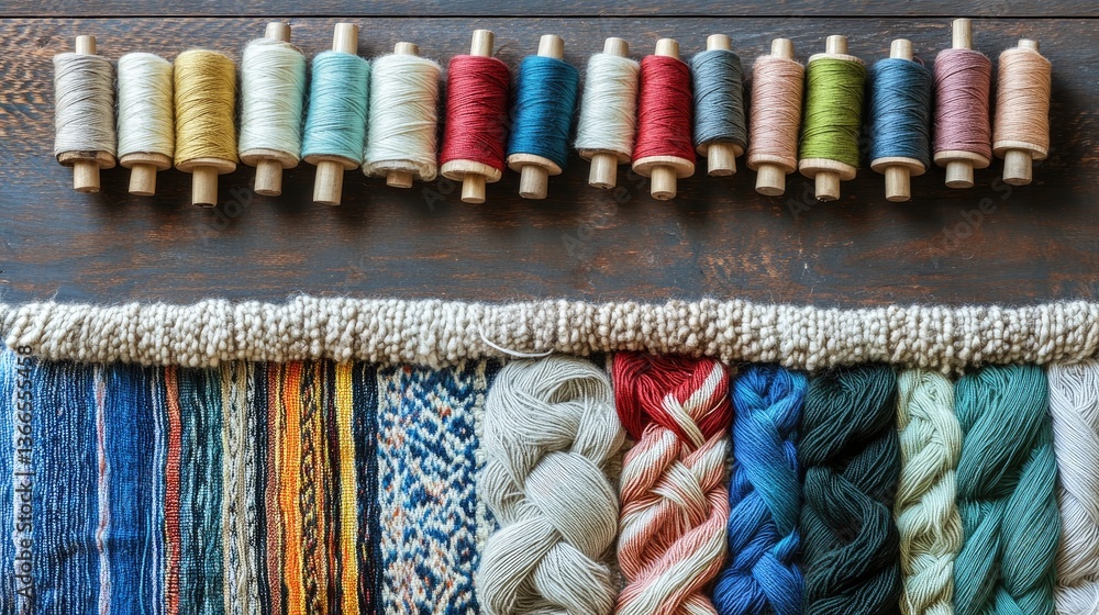 Poster textile weaving tools and spools of colorful threads arranged artistically.
