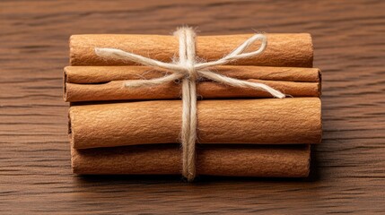 Fototapeta premium Tied Cinnamon Sticks on Wooden Surface
