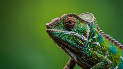 Obraz premium Chameleon lizard on a green background.