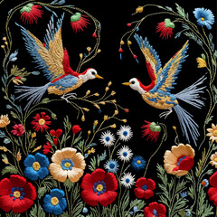 Obraz premium Vector traditional hungarian embroidery. Bright floral ornament with birds on black background