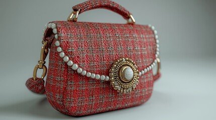Red tweed handbag with pearl embellishments