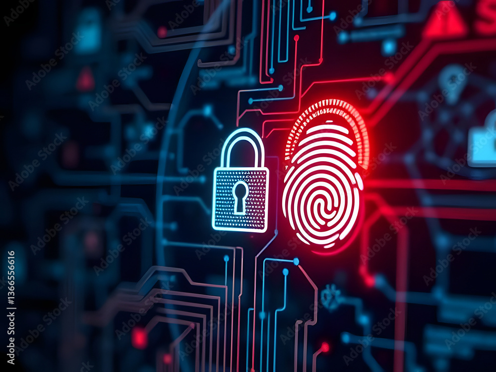 Aufkleber cyber security fingerprint scan and padlock icon on circuit board, digital protection concept.