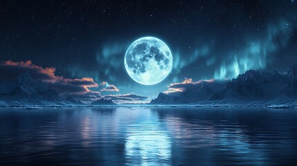 Glowing full moon over ocean horizon high resolution picture