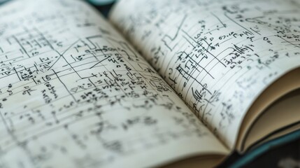 Open book filled with complex handwritten diagrams.