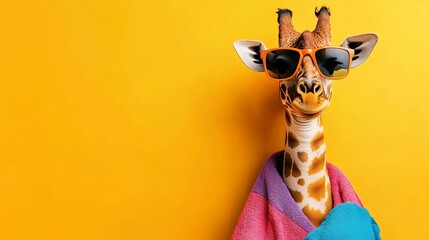 Giraffe with sunglasses on yellow background summer vacation animal portrait funny giraffes animal themes