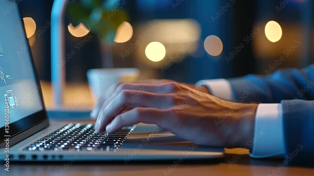 Poster professional man working on a sleek computer in a warmly lit office setting.
