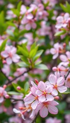 Obraz premium Delicate pink cherry blossom, solitary bloom, vibrant green foliage backdrop, texture, nature photography