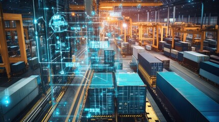 Fototapeta premium An AI powered system enhancing supply chain management by analyzing logistics data, AI-assisted demand forecasting, and real-time shipment tracking for smoother operations