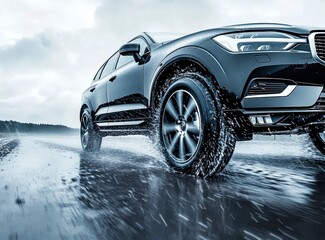 Driving Black Suv on Wet Road with Water Splashing in Cloudy Weather