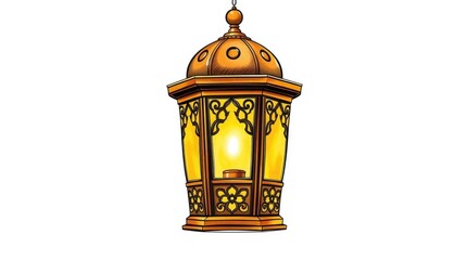 Ornate golden lantern hangs illuminated against a stark white backdrop
