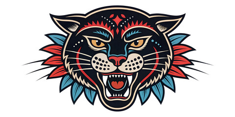 Transparent PNG Fierce Panther Head Tattoo Design – Traditional American Style with Floral Elements on White Background.