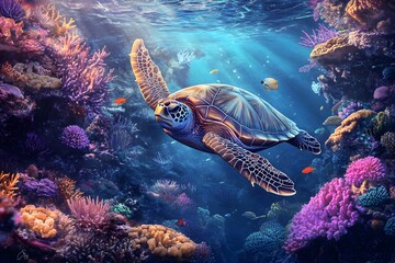 Obraz premium Sea Turtle Gliding Through Clear Waters