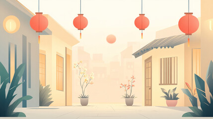 Vibrant Flat Art Illustration of Eid Celebration in a Cozy Neighborhood with Festive Decorations and Joyful Atmosphere