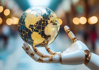 A robotic hand holds a globe with illuminated golden connections