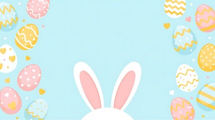 Easter Party Concept with Bunny Ears Colorful Easter Eggs Delicate Spring Flowers on a Pastel Blue Background with Copy Space for Festive Designs Greeting Cards and Holiday Invitations. Easter Holiday