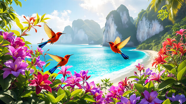 Crimson Sunbird Glowing in the Tropical Paradise of the Orchid Isles. 