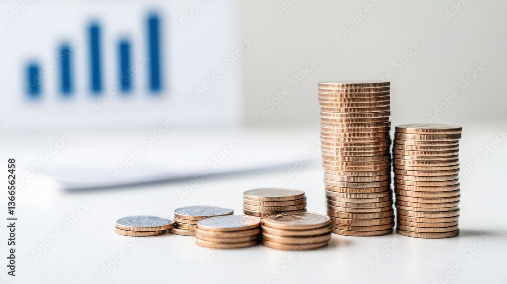 Poster stacks of coins on a table with bar graph background portraying financial growth and investment stra