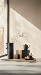 Modern, minimalist still life with black pottery, candles, and dried branches