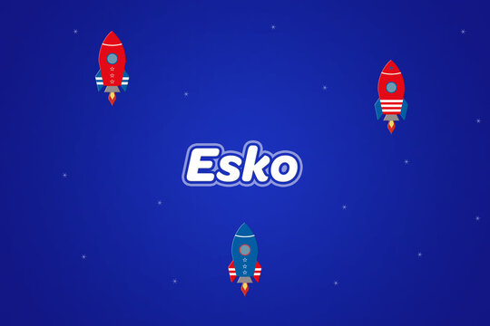 Esko male boy name illustration in blue with rockets.
