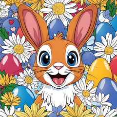 Easter Bunny Amidst Eggs & Flowers