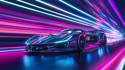A futuristic sports car, a digital phantom racing through a neon-lit highway, its form built of shimmering light trails, a breathtaking spectacle of speed and technology. Phantom Shimmer. Illustration