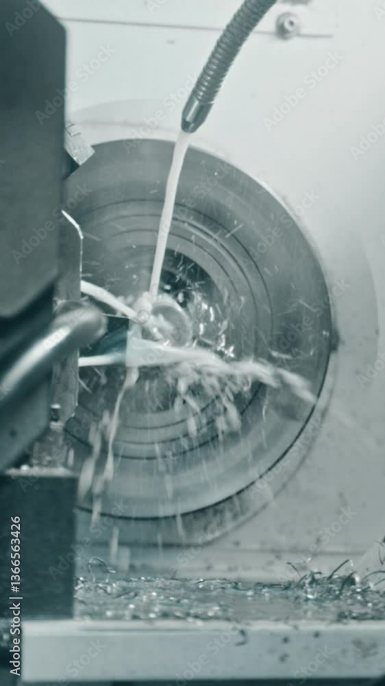 Poster high-speed cnc machine precisely cutting a metal cylinder with coolant spray to reduce heat and fric